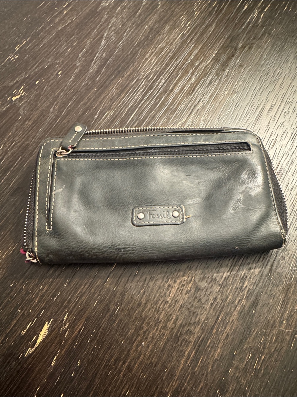 Fossil Black Charcoal Leather Zip Wallet with Front Pocket